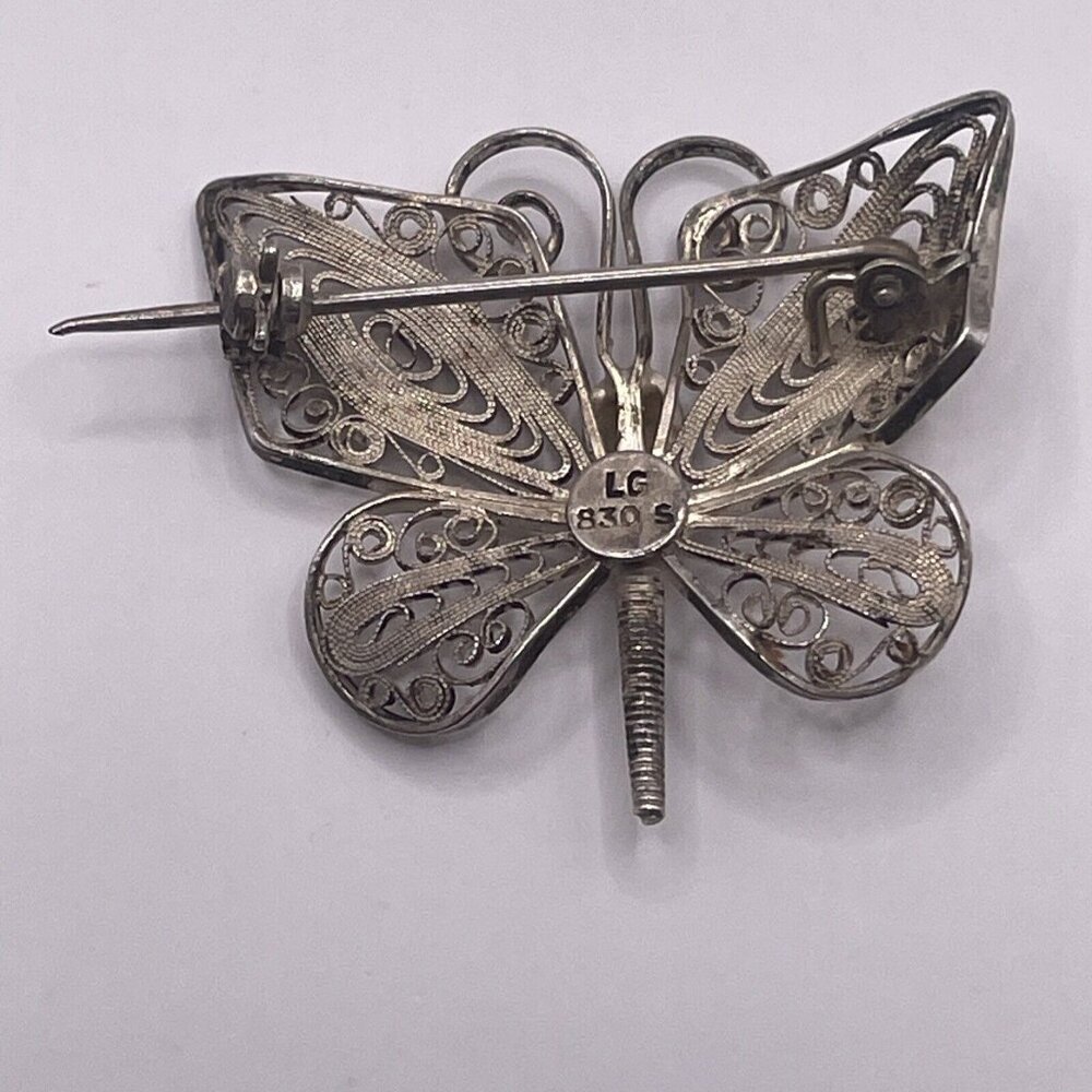 Antique? Art Nouveau 830 Silver Butterfly Brooch Pin Filigree Signed LG AL5.6 - Picture 3 of 8